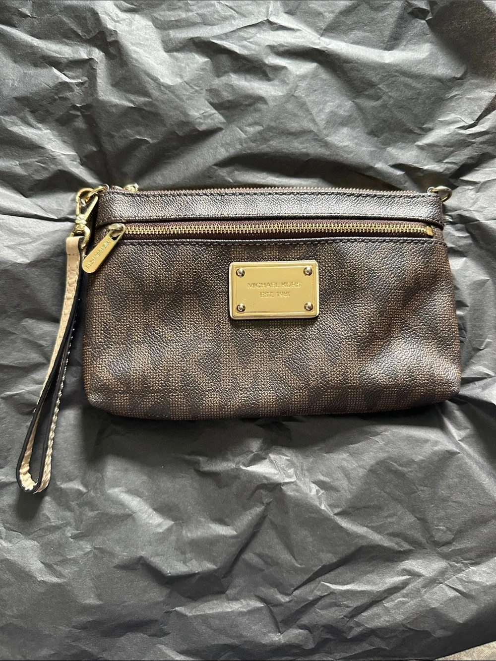 Michael Kors Brown and Gold Signature Wristlet Clutch